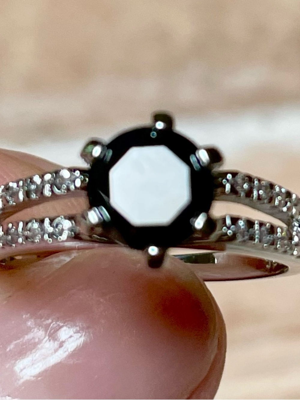 Black Onyx Set in Sterling Silver Ring with Accent Cubic Zirconia